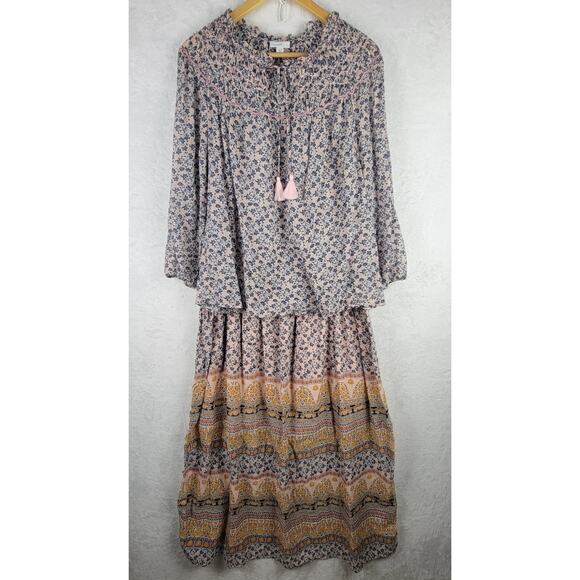 J Jill Medium Tall 2 Pc Blouse Maxi Skirt Set Bohemian Floral Cottagecore - Picture 1 of 11